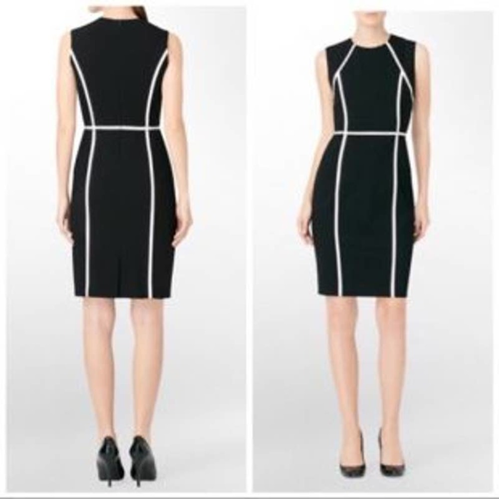 Calvin Klein Black Sheath White Piped Colorblock Sleeveless Dress Size 8